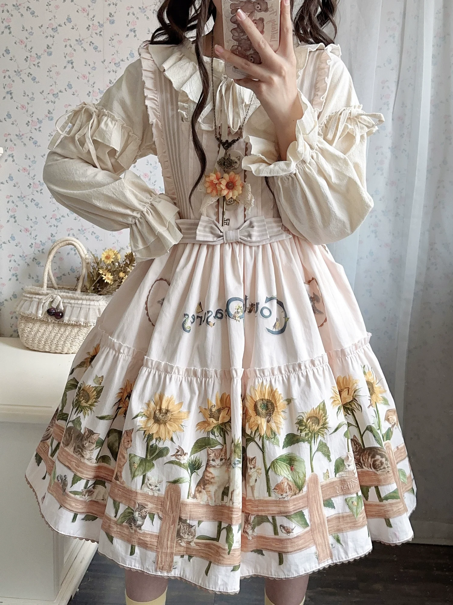 Cat and Sunflower - Sweet Lolita JSK, Cat and Sunflower Print - Image 24
