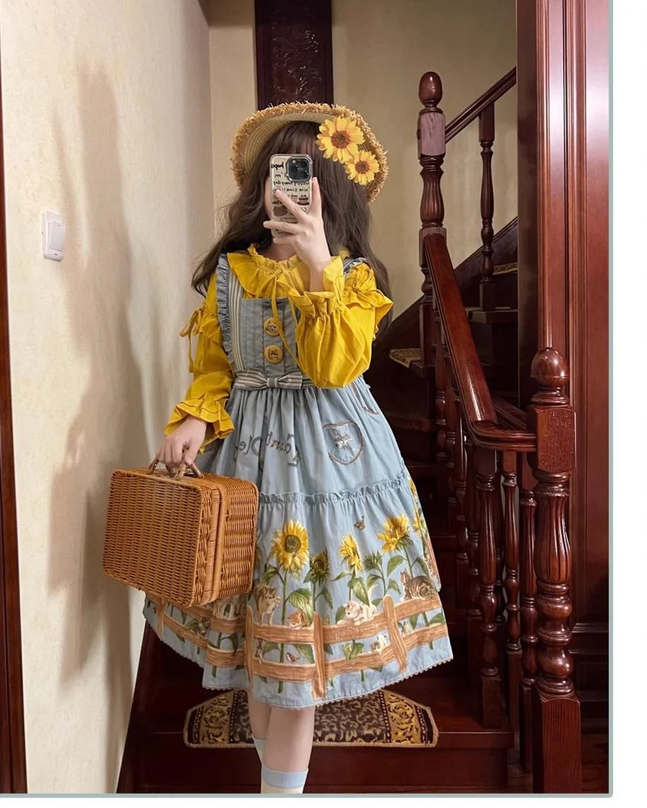 Cat and Sunflower - Sweet Lolita JSK, Cat and Sunflower Print - Image 3