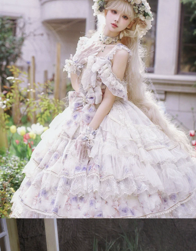Rose Letter - Gorgeous Lolita JSK Princess Dress Chiffon Floral Printed Blue Dress - Image 10