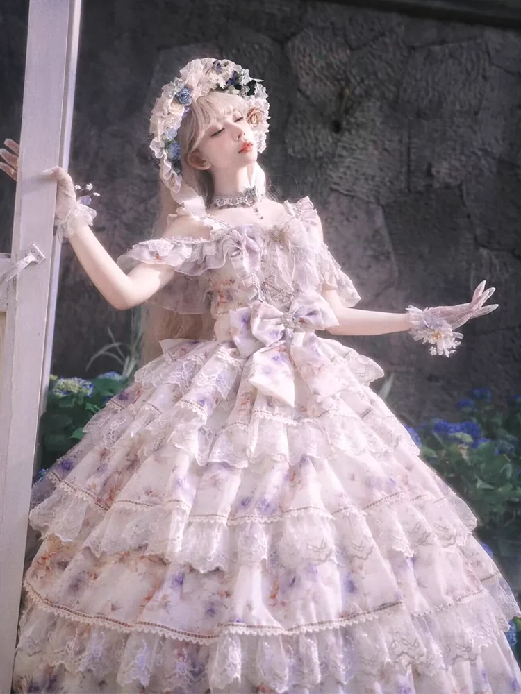 Rose Letter - Gorgeous Lolita JSK Princess Dress Chiffon Floral Printed Blue Dress - Image 12