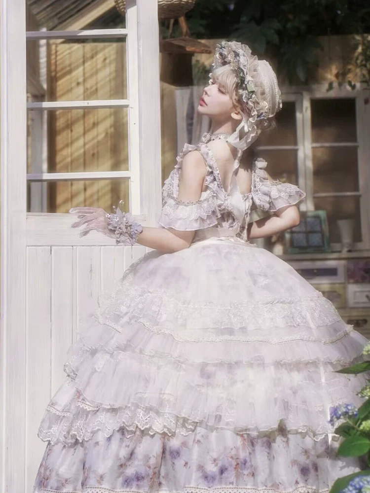 Rose Letter - Gorgeous Lolita JSK Princess Dress Chiffon Floral Printed Blue Dress - Image 4