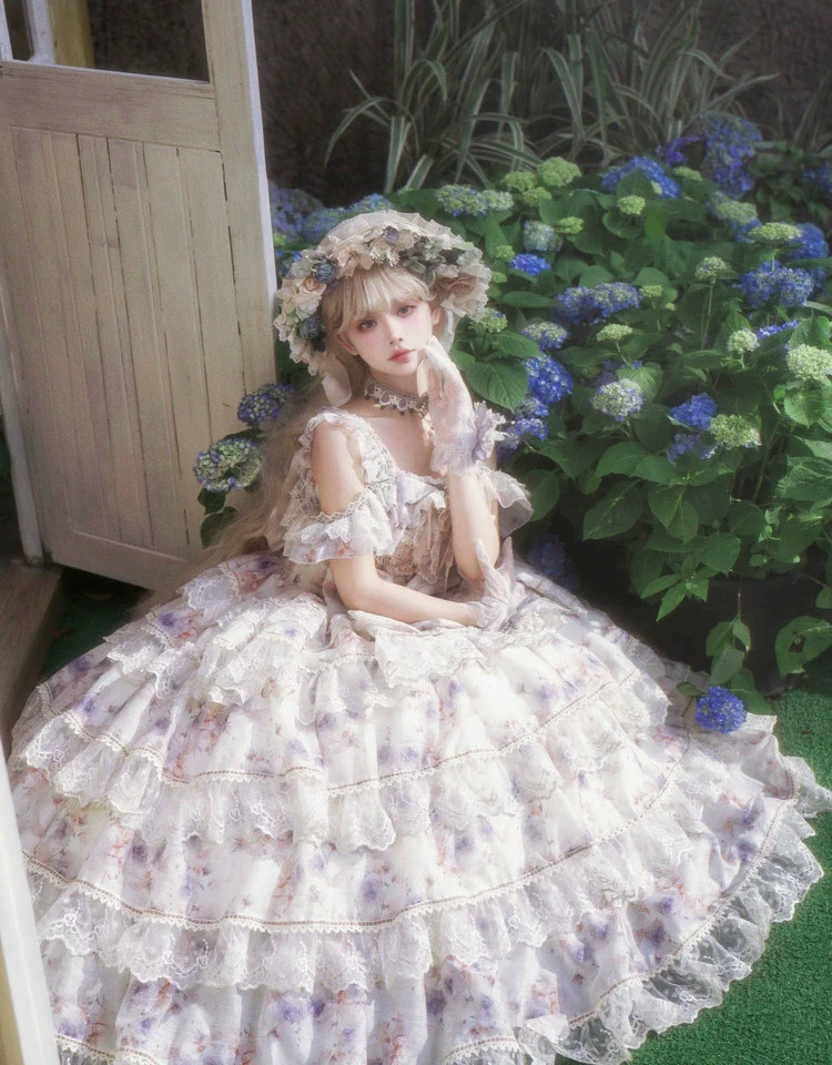 Rose Letter - Gorgeous Lolita JSK Princess Dress Chiffon Floral Printed Blue Dress - Image 6