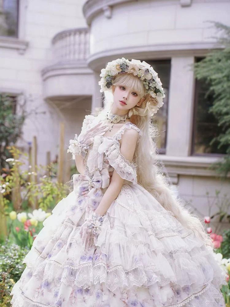Rose Letter - Gorgeous Lolita JSK Princess Dress Chiffon Floral Printed Blue Dress - Image 7