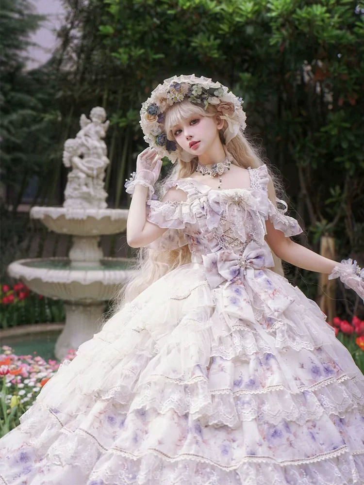 Rose Letter - Gorgeous Lolita JSK Princess Dress Chiffon Floral Printed Blue Dress - Image 9