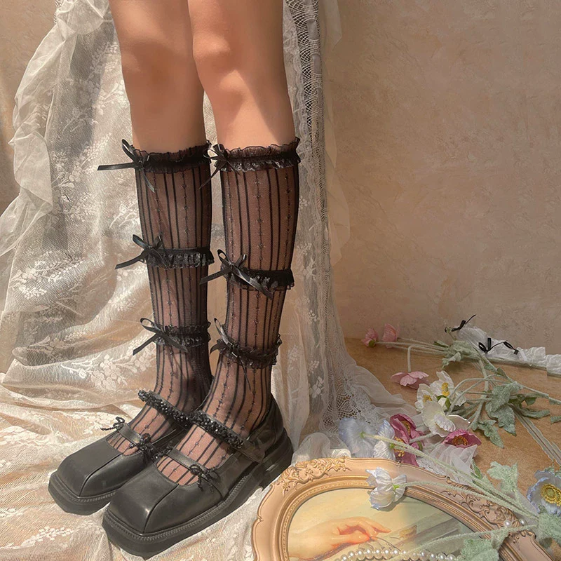 Sweet Lolita Mid-Calf Socks 3-Layer Lace Mesh Fairy Thin Socks - Image 7