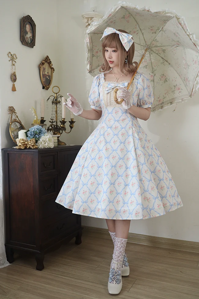 Pastoral Poem - Elegant Lolita OP Dress Floral Print 6-Piece Cut Lolita Dress - Image 10