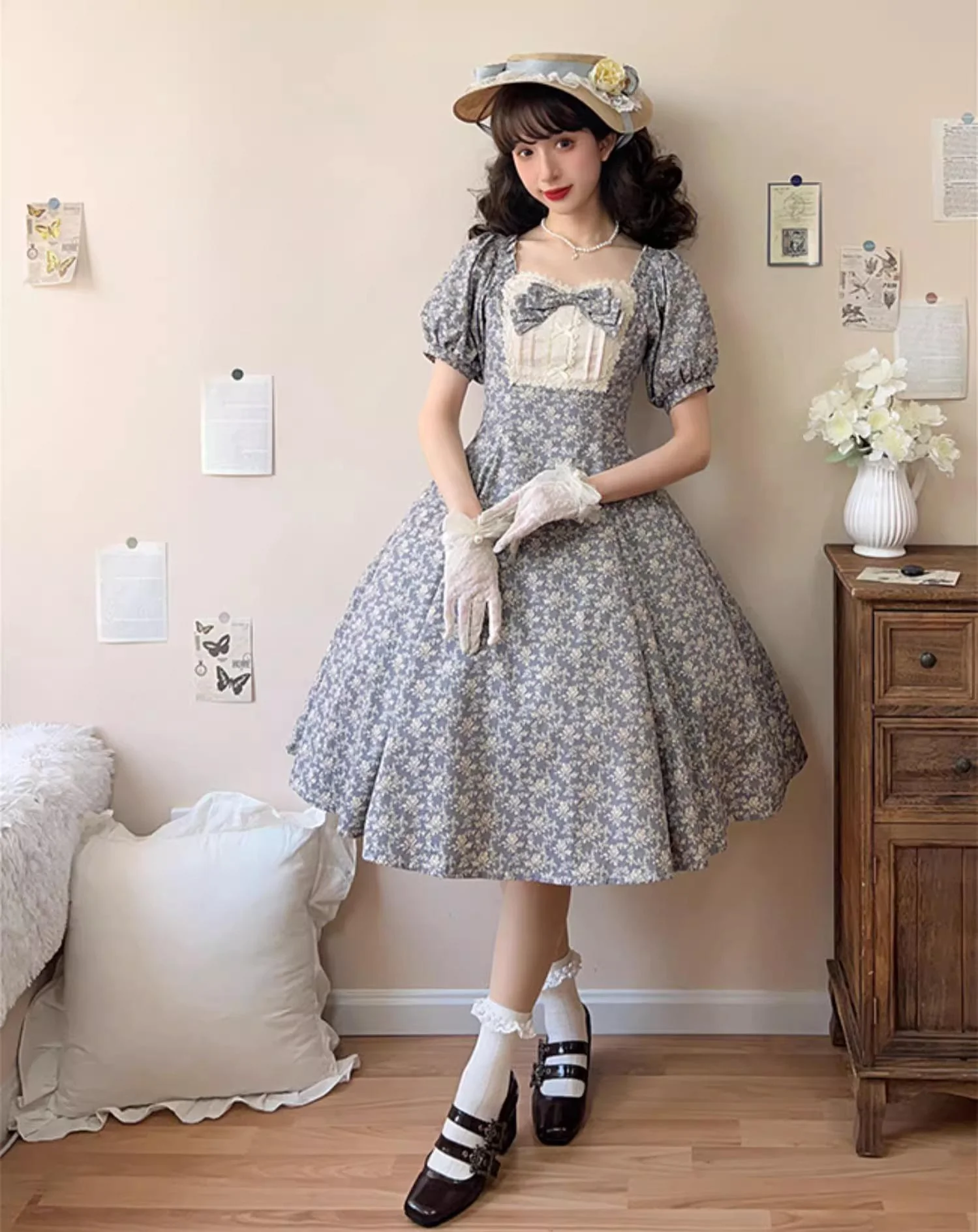 Pastoral Poem - Elegant Lolita OP Dress Floral Print 6-Piece Cut Lolita Dress - Image 16