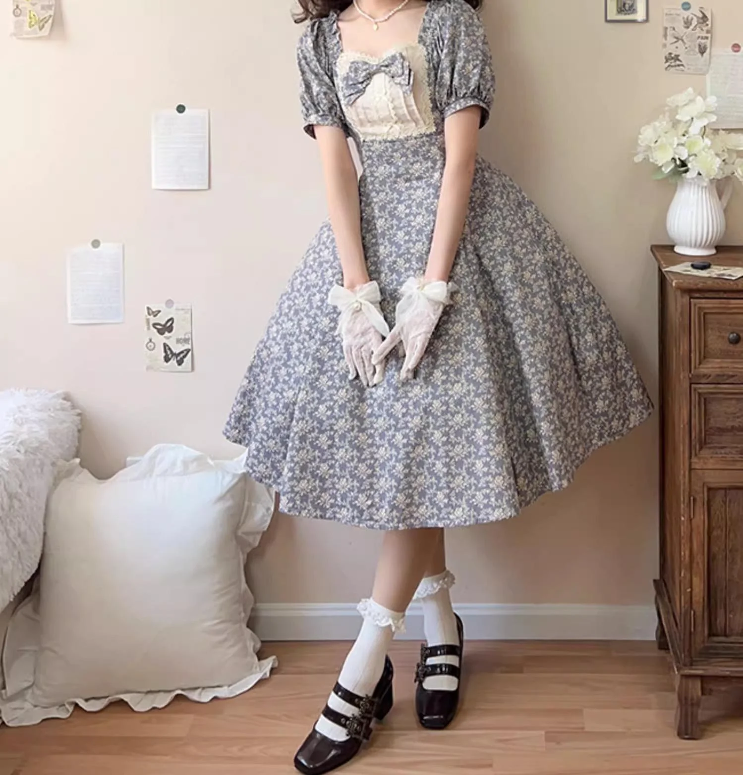 Pastoral Poem - Elegant Lolita OP Dress Floral Print 6-Piece Cut Lolita Dress - Image 17