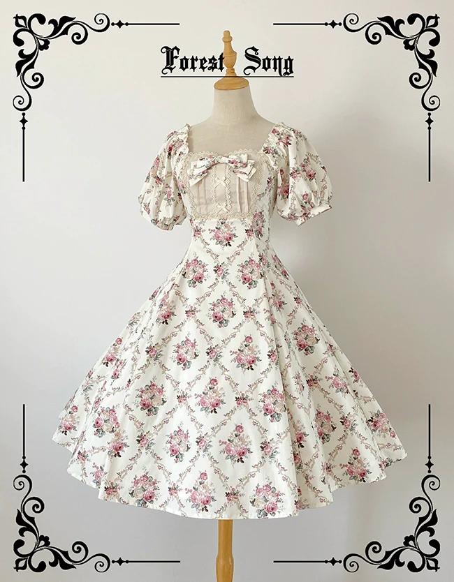 Pastoral Poem - Elegant Lolita OP Dress Floral Print 6-Piece Cut Lolita Dress - Image 26