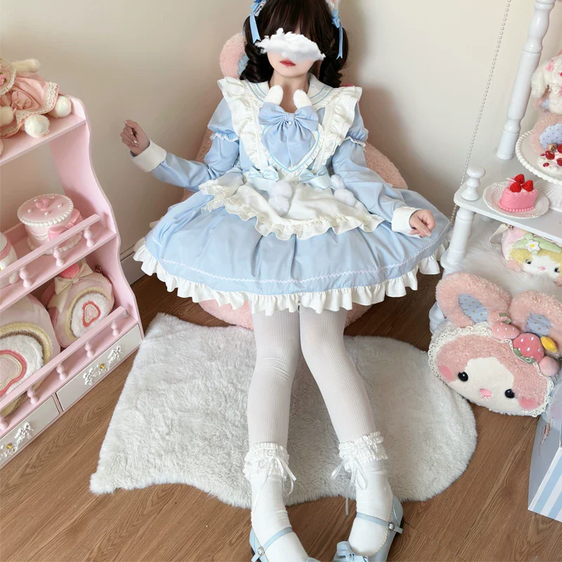 Sweet Bunny Pom-pom - Maid Lolita Bunny Ear Collar OP Dress, Detachable Apron - Image 13