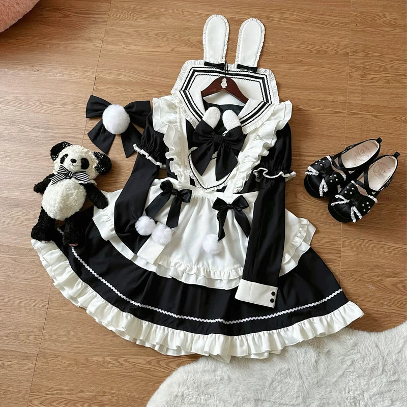 Sweet Bunny Pom-pom - Maid Lolita Bunny Ear Collar OP Dress, Detachable Apron - Image 14