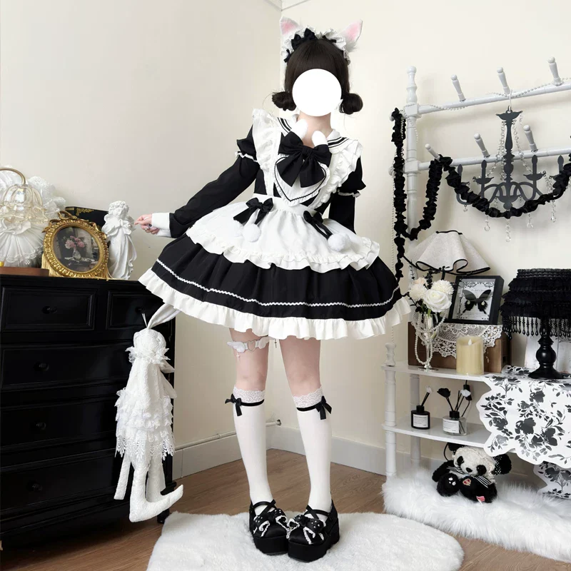 Sweet Bunny Pom-pom - Maid Lolita Bunny Ear Collar OP Dress, Detachable Apron - Image 3