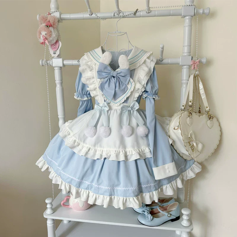 Sweet Bunny Pom-pom - Maid Lolita Bunny Ear Collar OP Dress, Detachable Apron - Image 4
