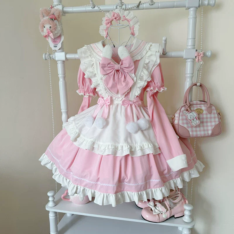 Sweet Bunny Pom-pom - Maid Lolita Bunny Ear Collar OP Dress, Detachable Apron - Image 5