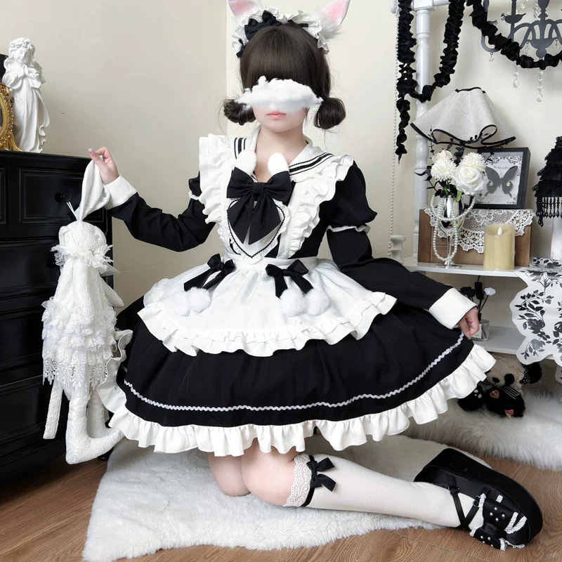 Sweet Bunny Pom-pom - Maid Lolita Bunny Ear Collar OP Dress, Detachable Apron - Image 6