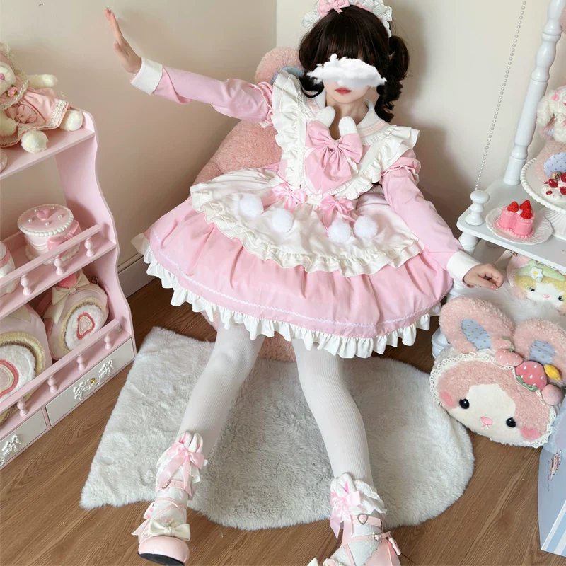 Sweet Bunny Pom-pom - Maid Lolita Bunny Ear Collar OP Dress, Detachable Apron - Image 8