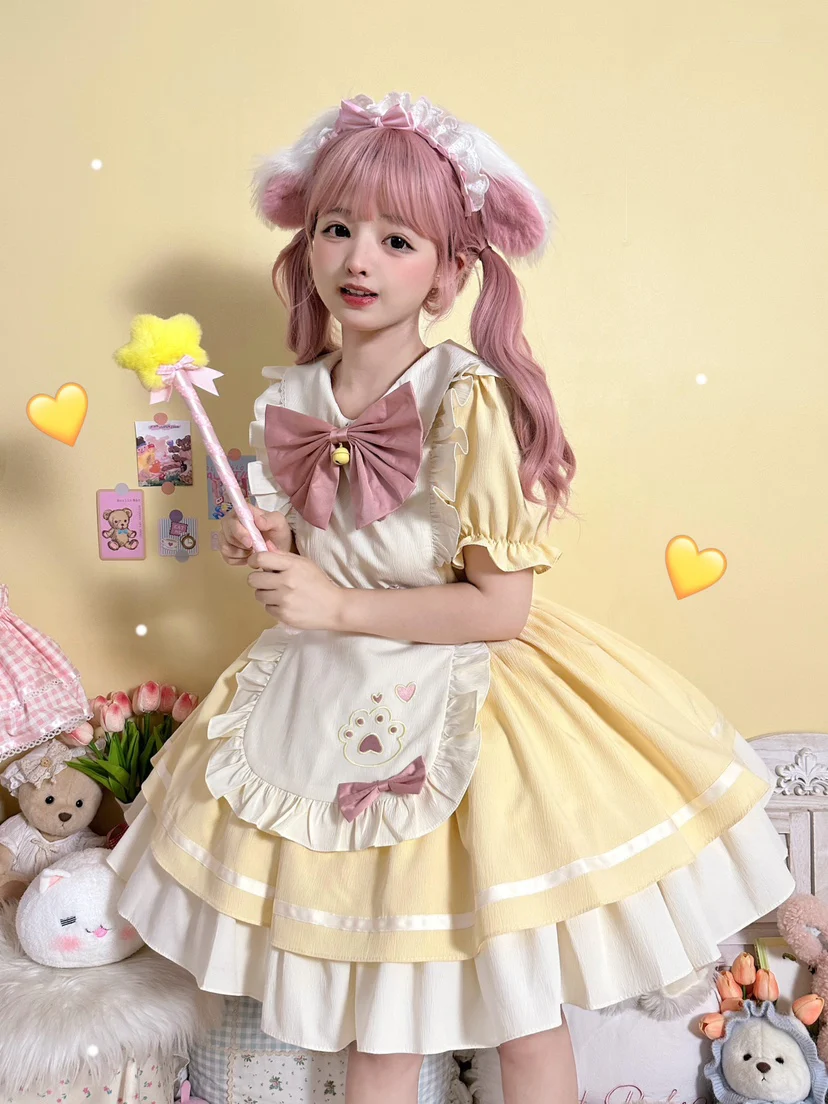 Qianmu - Cat Cafe - Maid Lolita OP dress with Detachable Bow and Apron - Image 5