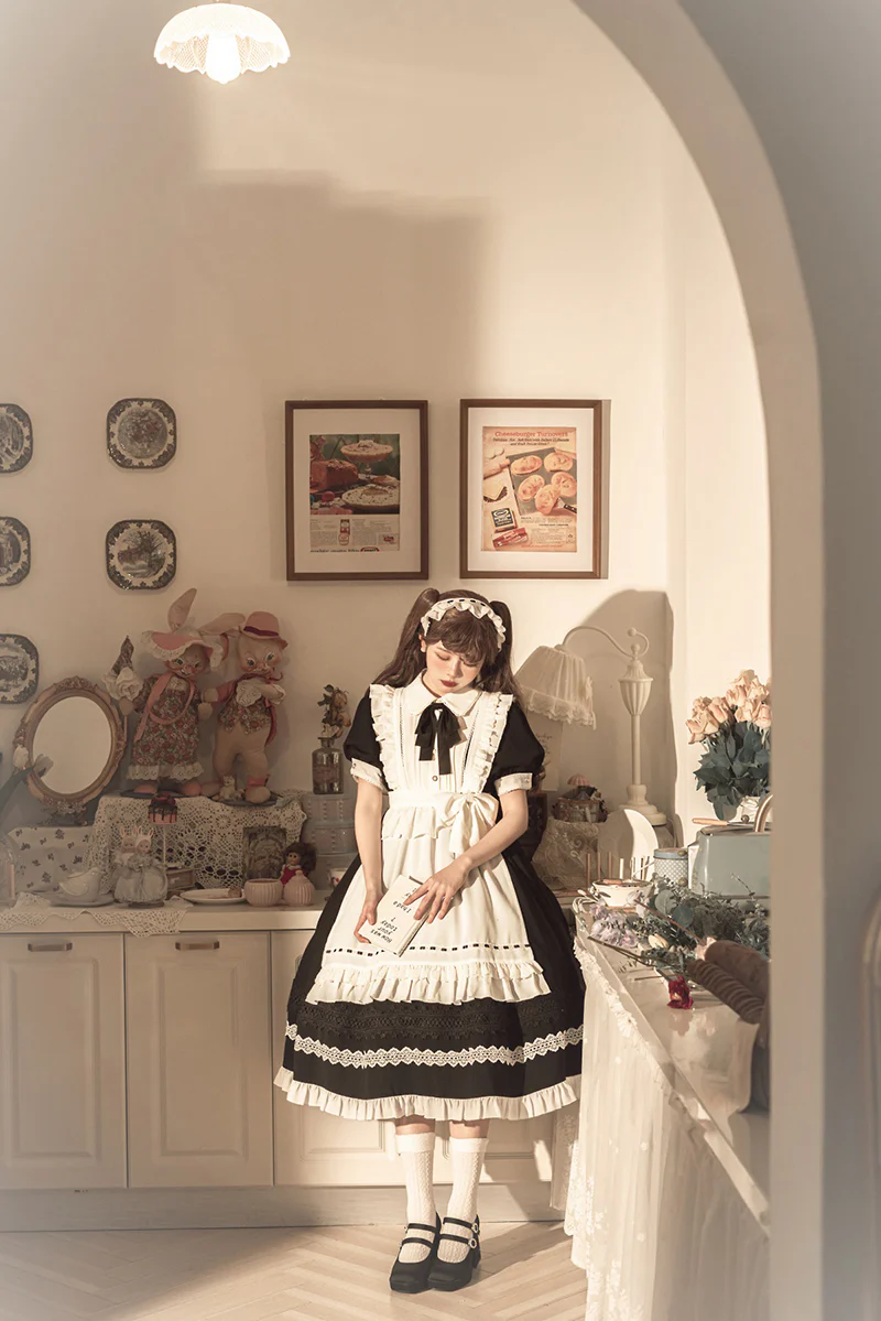 Maid Lolita Puff Sleeve Black Dress - Image 11