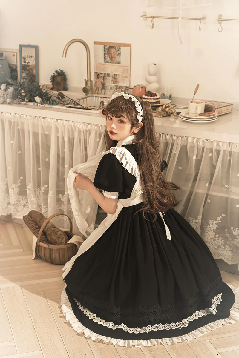 Maid Lolita Puff Sleeve Black Dress - Image 13
