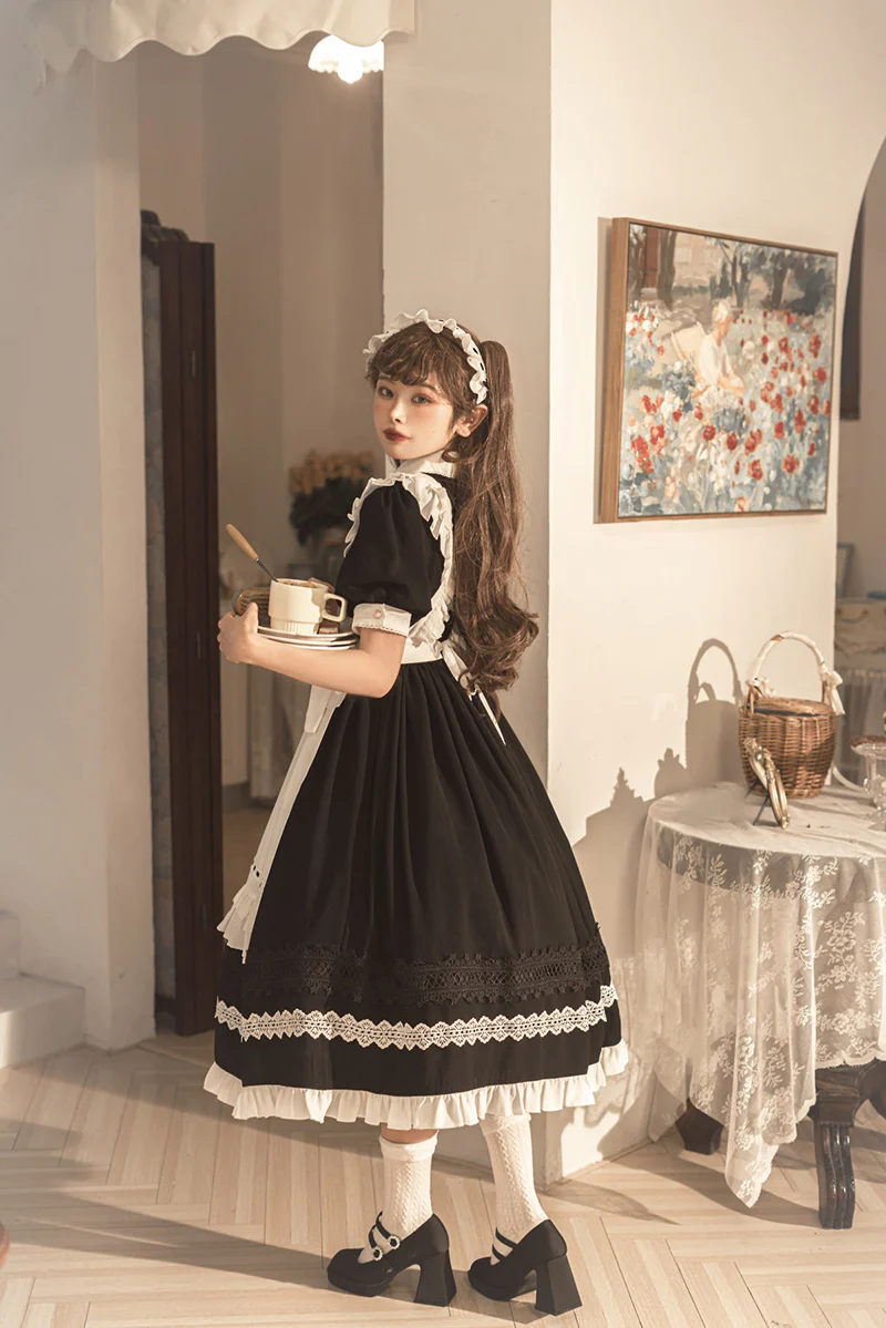 Maid Lolita Puff Sleeve Black Dress - Image 14