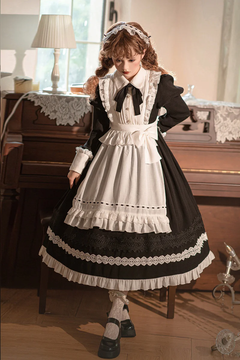 Maid Lolita Puff Sleeve Black Dress - Image 17