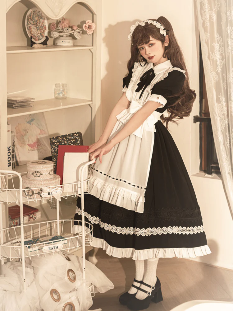 Maid Lolita Puff Sleeve Black Dress - Image 2