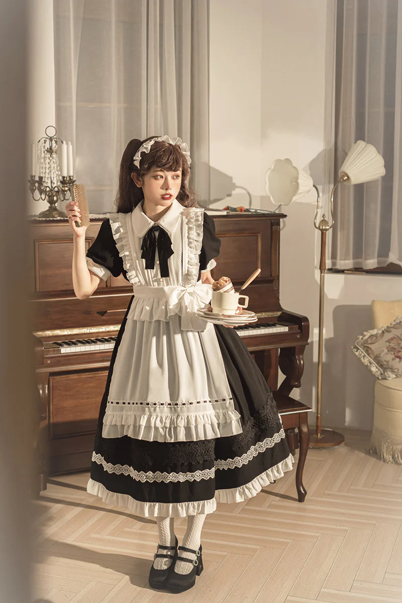 Maid Lolita Puff Sleeve Black Dress - Image 7
