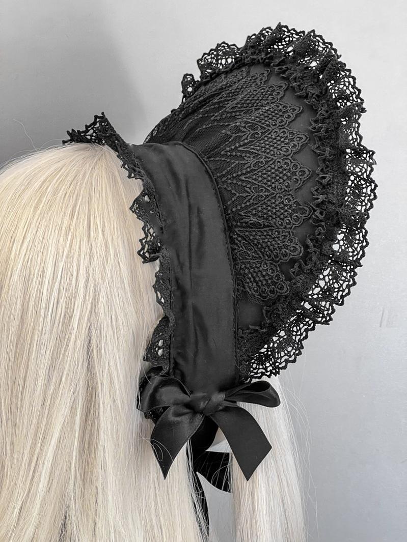 Gothic Lolita Lace Bonnet Wide Brim Bow BNT Headwear - Image 5