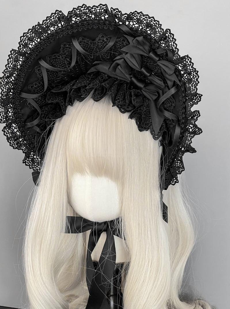 Gothic Lolita Lace Bonnet Wide Brim Bow BNT Headwear - Image 6