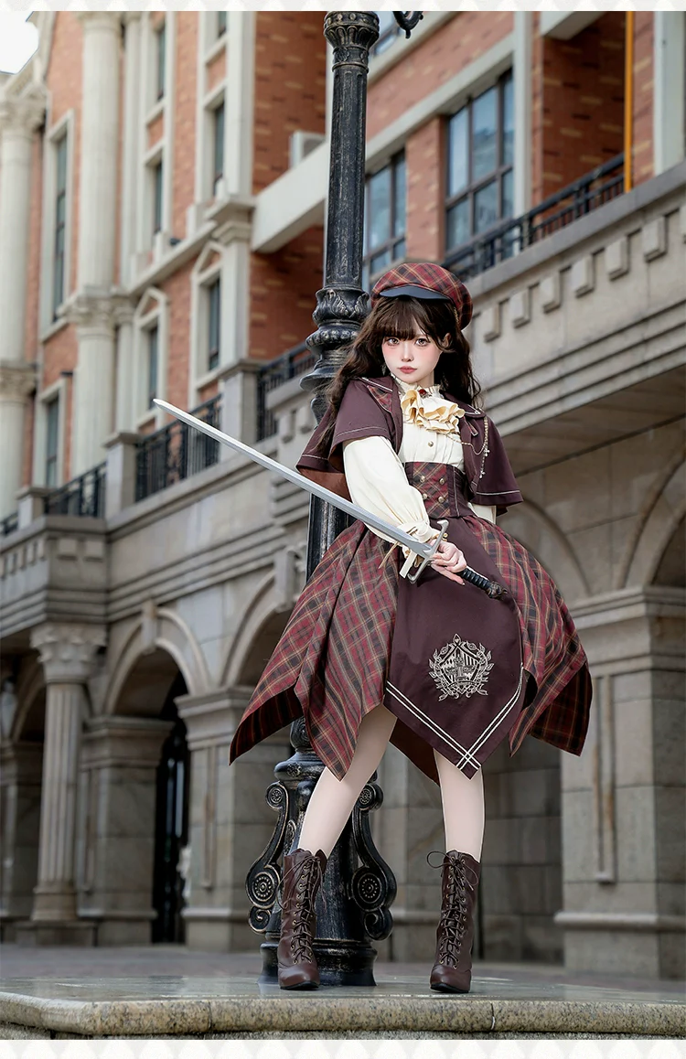 Queen's Game - Military Lolita OP, Ouji Plaid Lolita Dress Set - Image 10