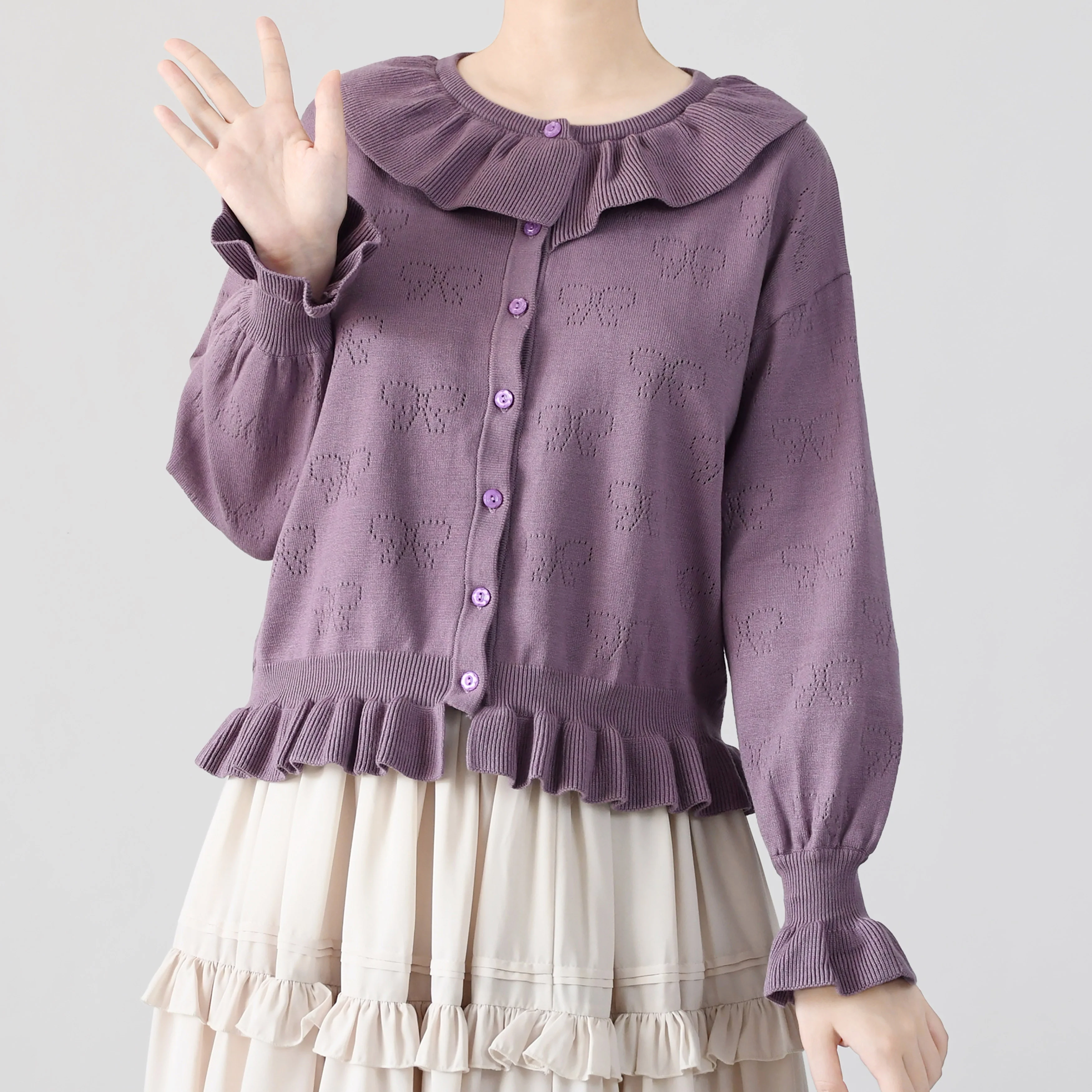 Vintage Lolita Bow Hollowed-out Sweater Ruffled Cardigan - Image 12