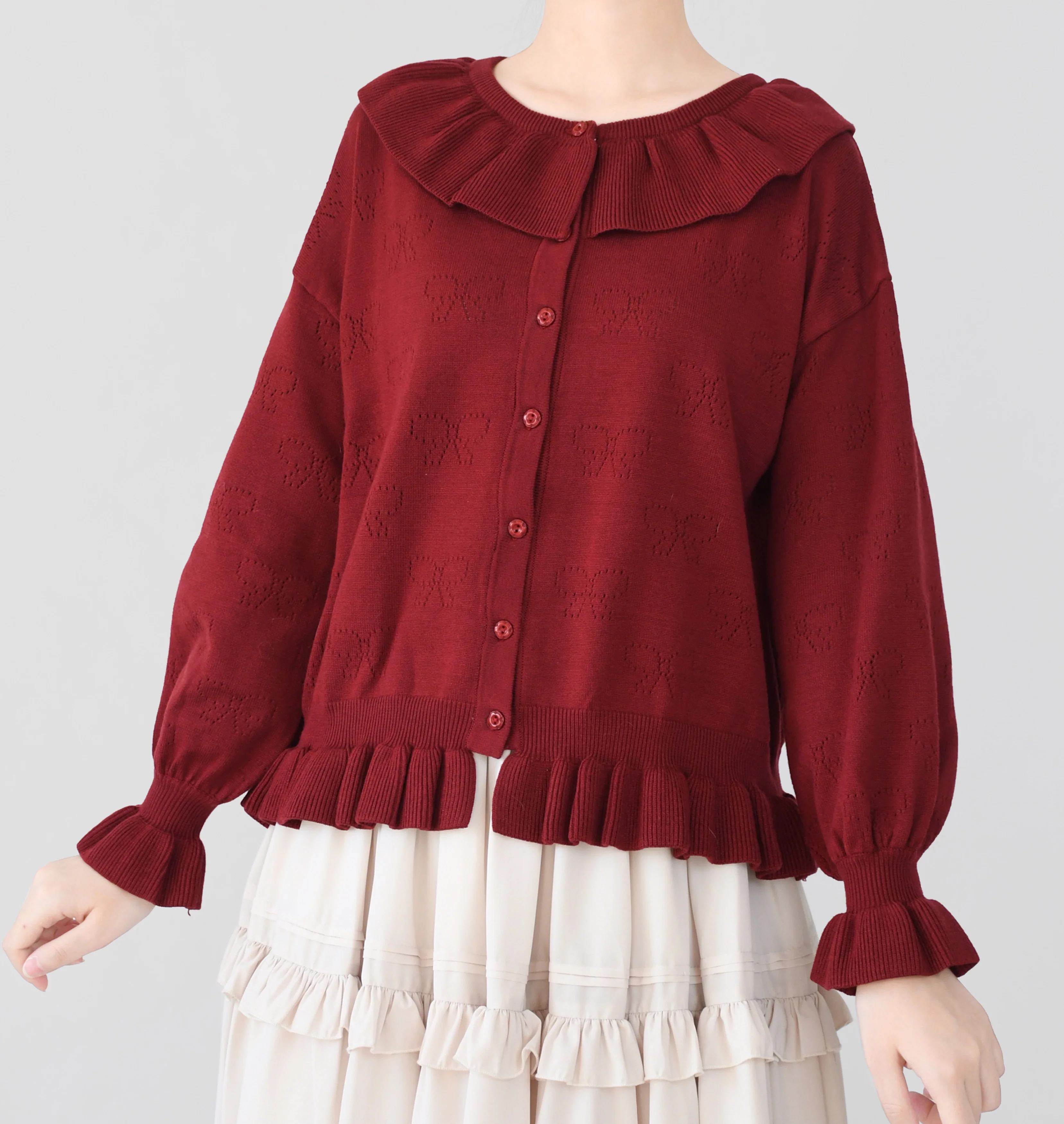 Vintage Lolita Bow Hollowed-out Sweater Ruffled Cardigan - Image 19