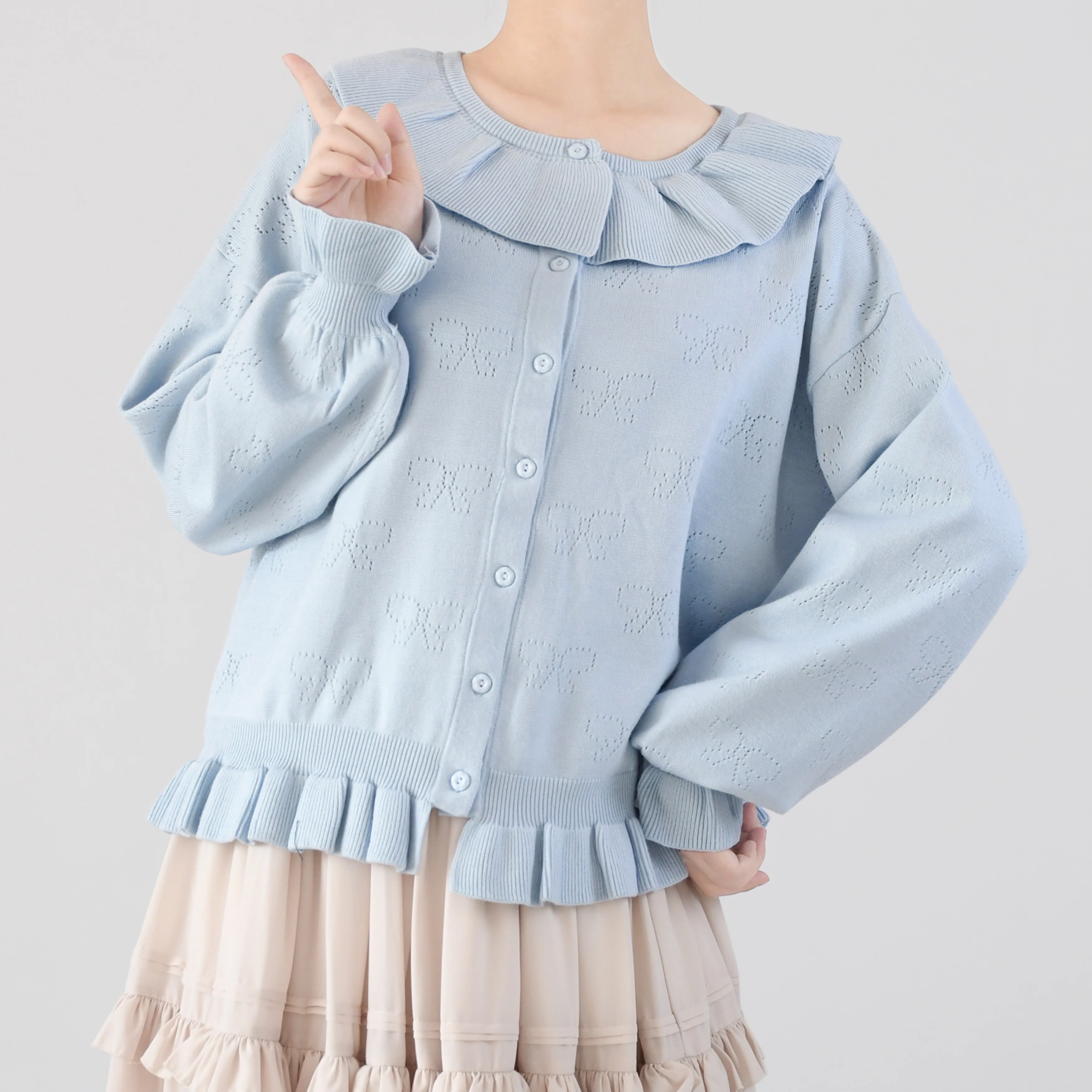 Vintage Lolita Bow Hollowed-out Sweater Ruffled Cardigan - Image 26