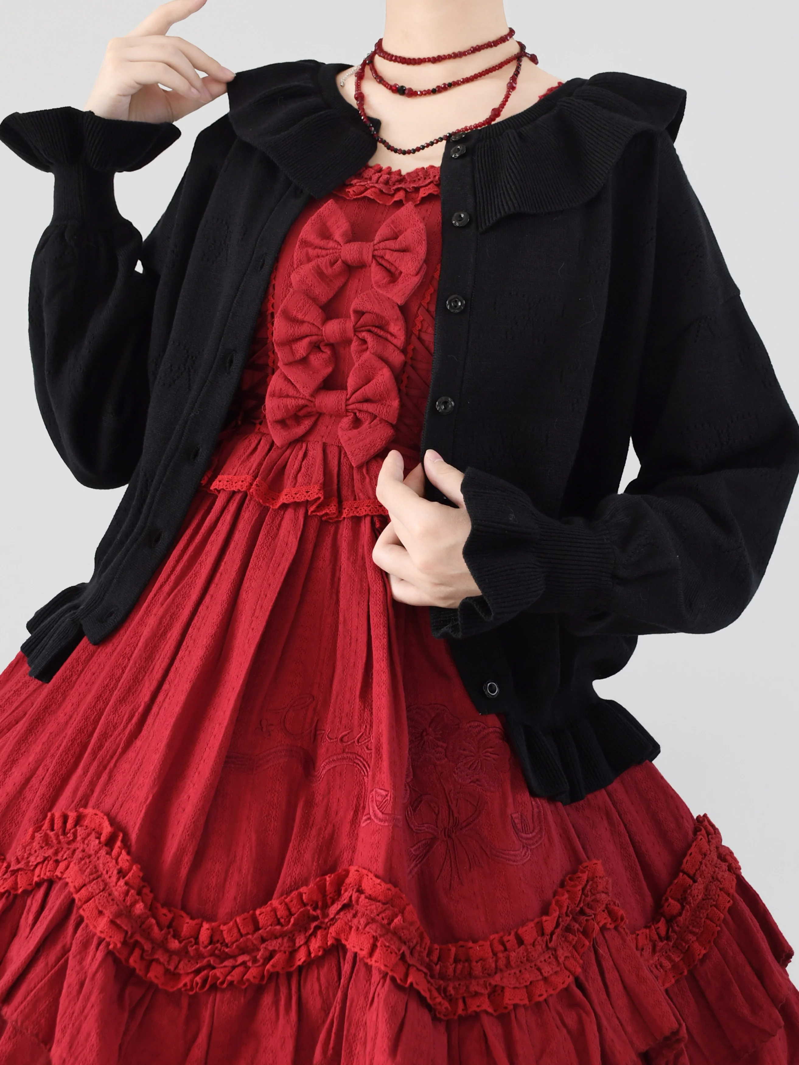 Vintage Lolita Bow Hollowed-out Sweater Ruffled Cardigan - Image 27