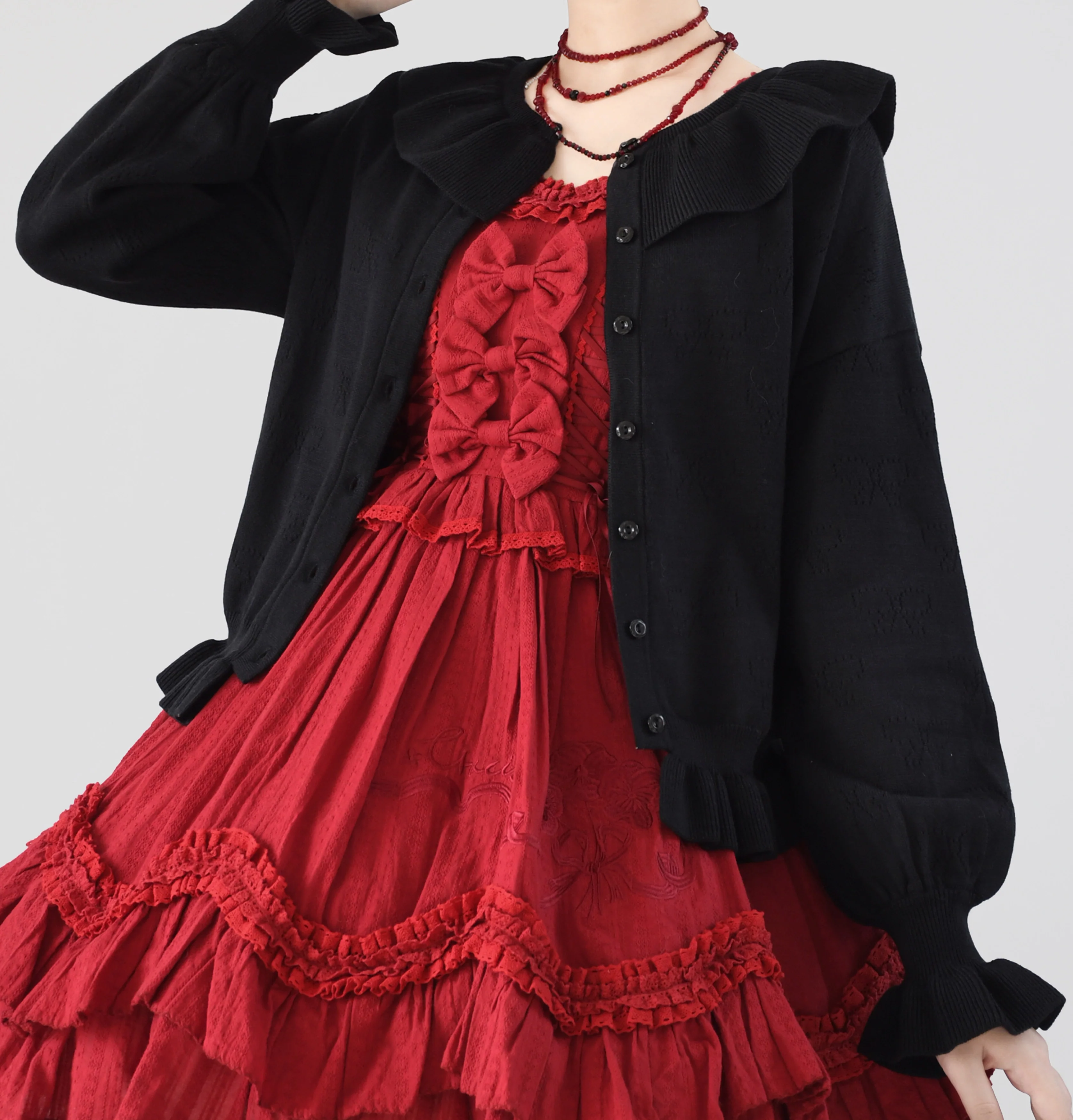 Vintage Lolita Bow Hollowed-out Sweater Ruffled Cardigan - Image 28