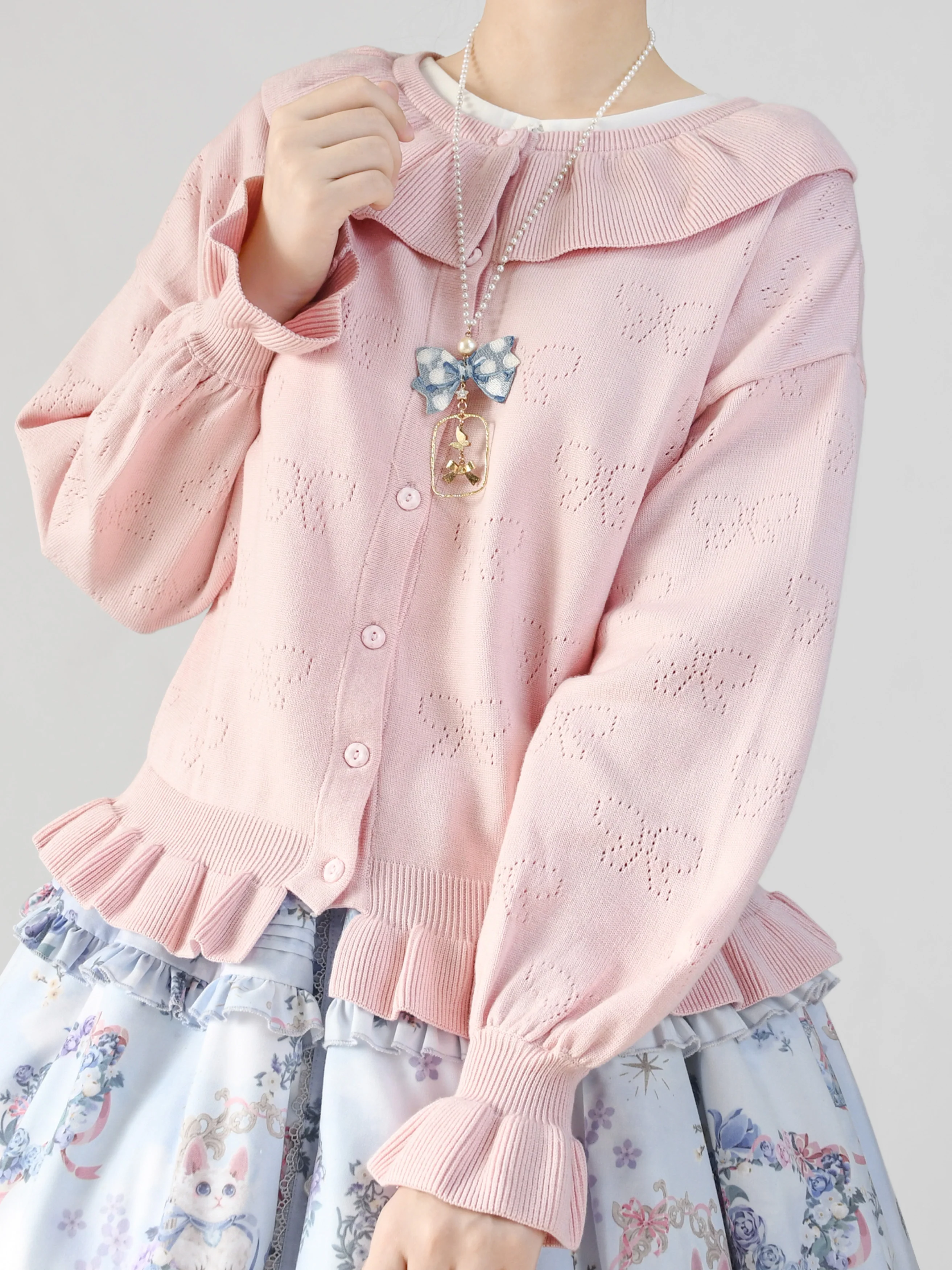 Vintage Lolita Bow Hollowed-out Sweater Ruffled Cardigan - Image 31