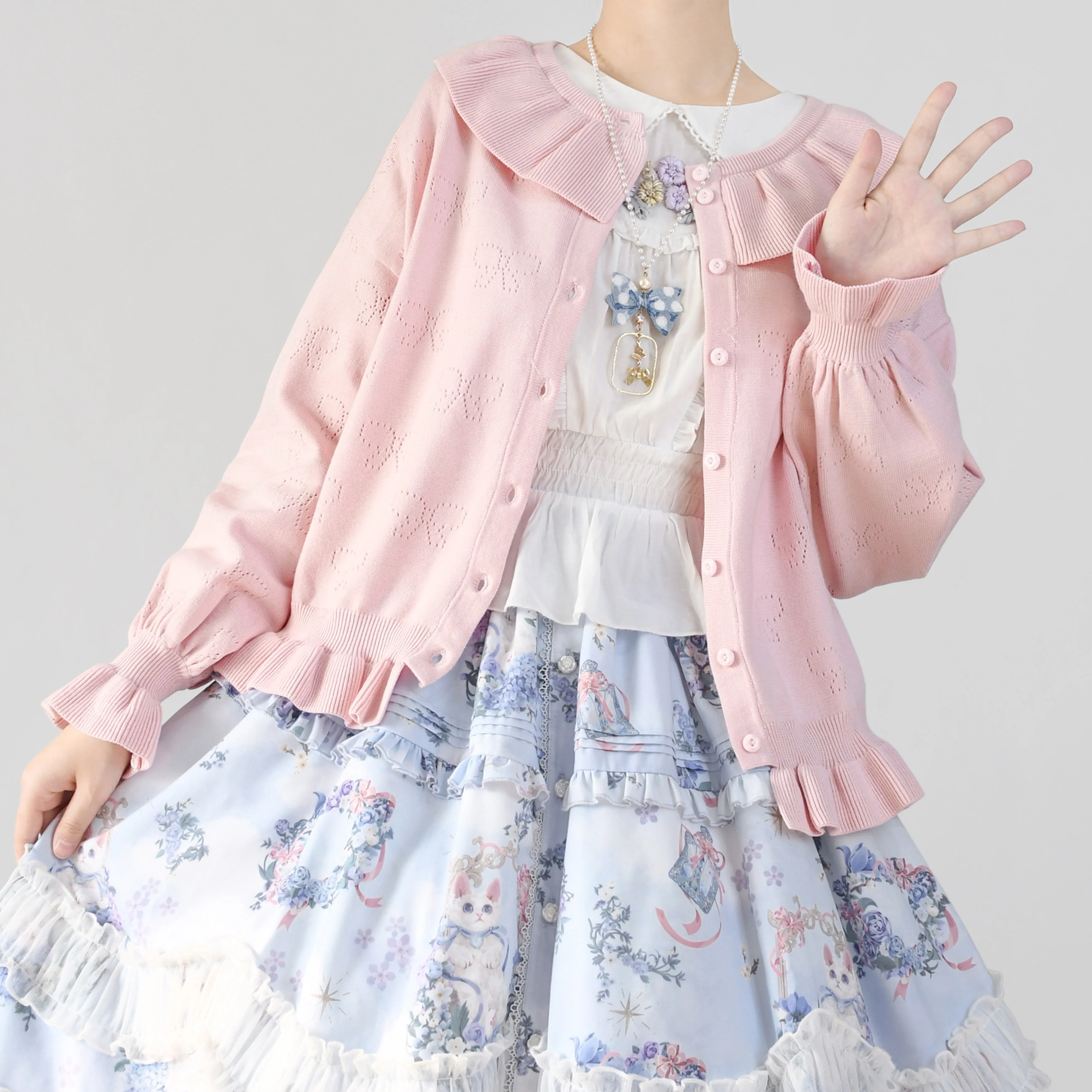Vintage Lolita Bow Hollowed-out Sweater Ruffled Cardigan - Image 32