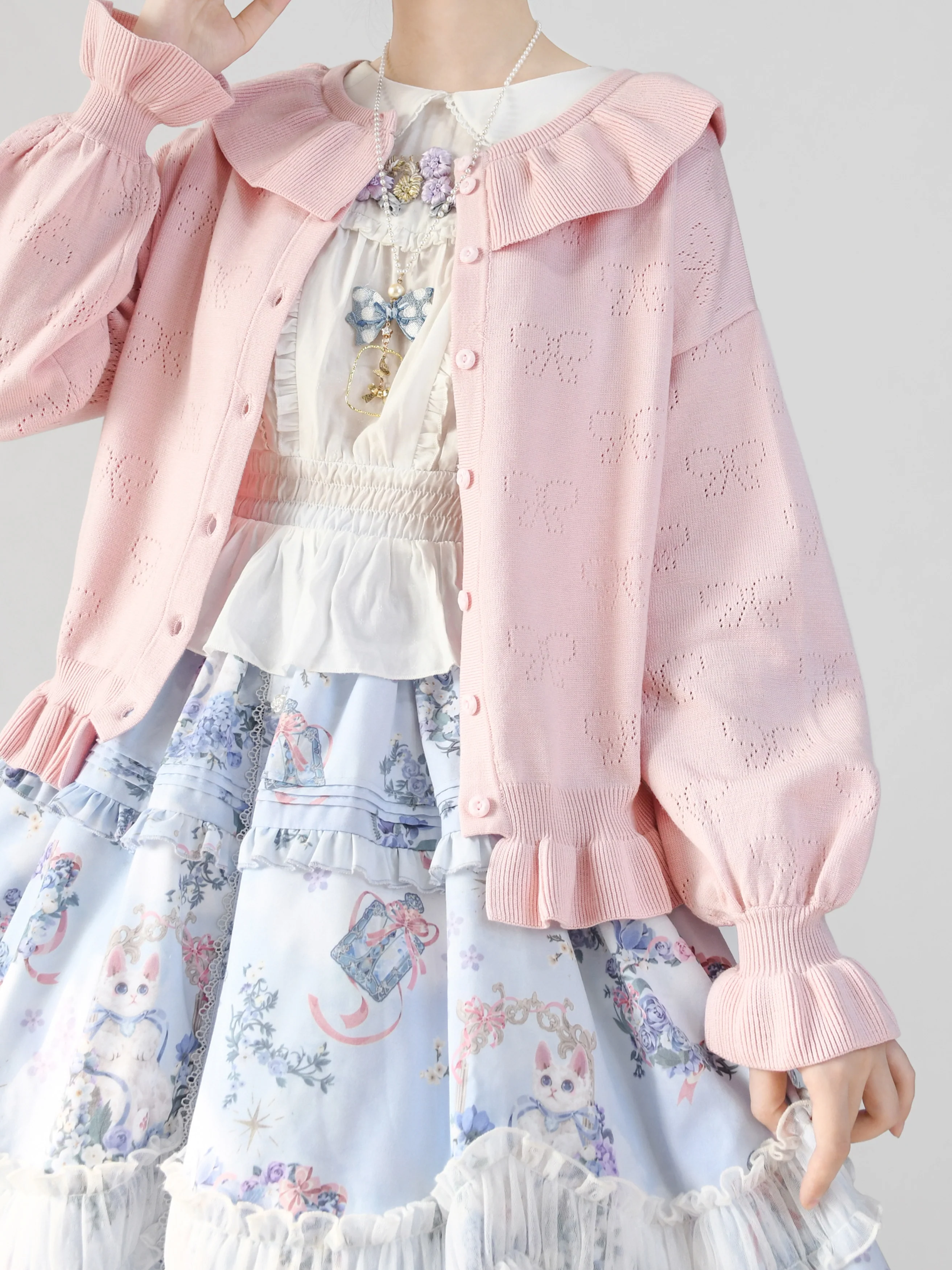 Vintage Lolita Bow Hollowed-out Sweater Ruffled Cardigan - Image 33