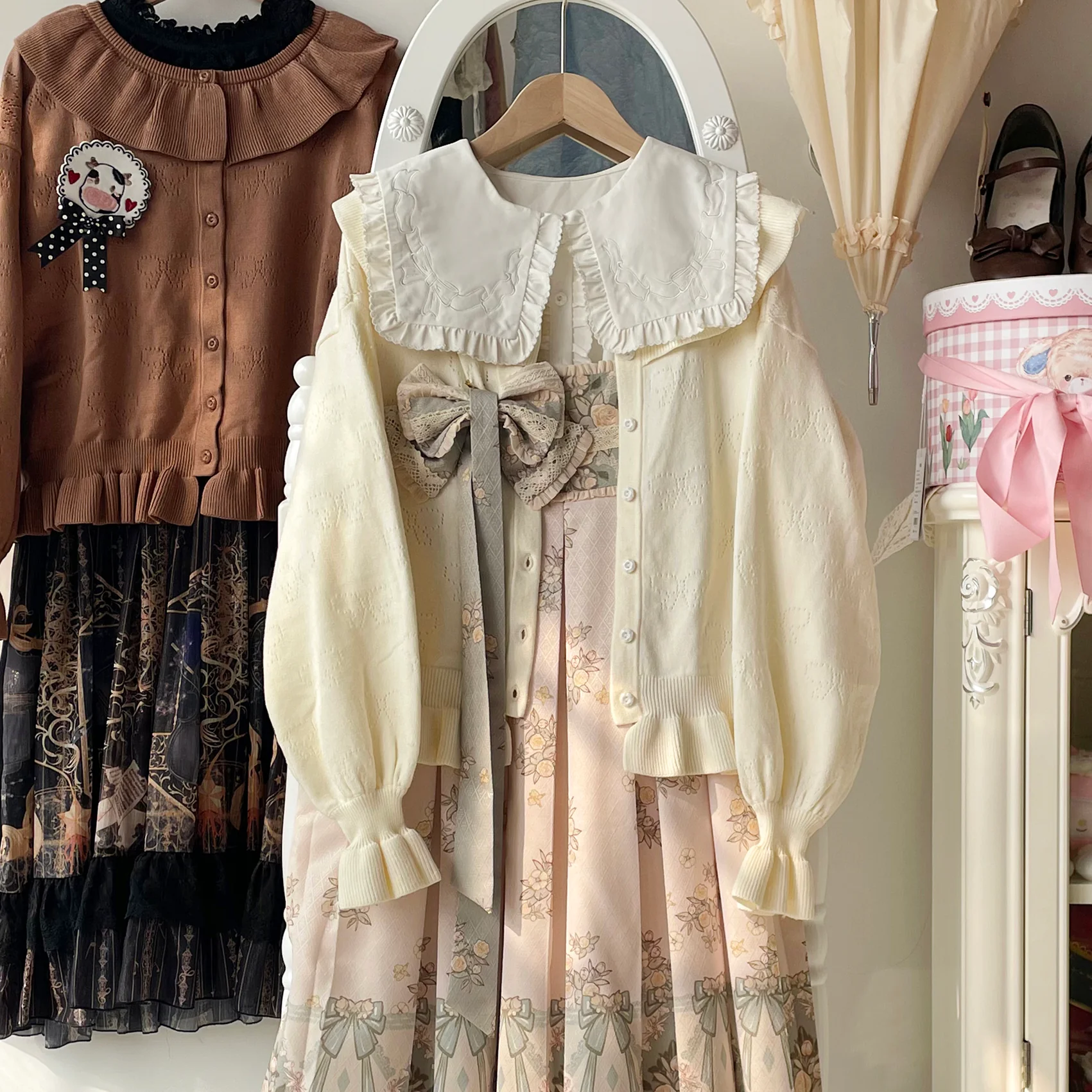 Vintage Lolita Bow Hollowed-out Sweater Ruffled Cardigan - Image 35