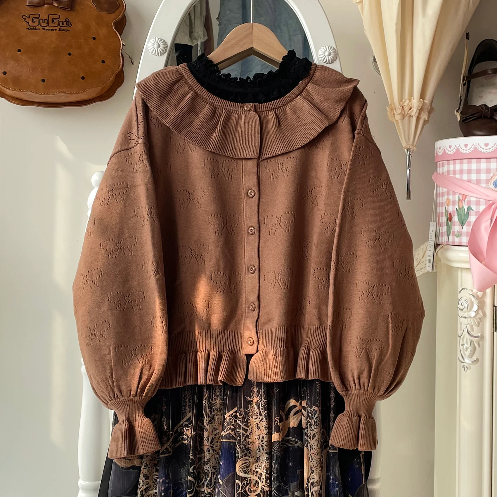 Vintage Lolita Bow Hollowed-out Sweater Ruffled Cardigan - Image 36