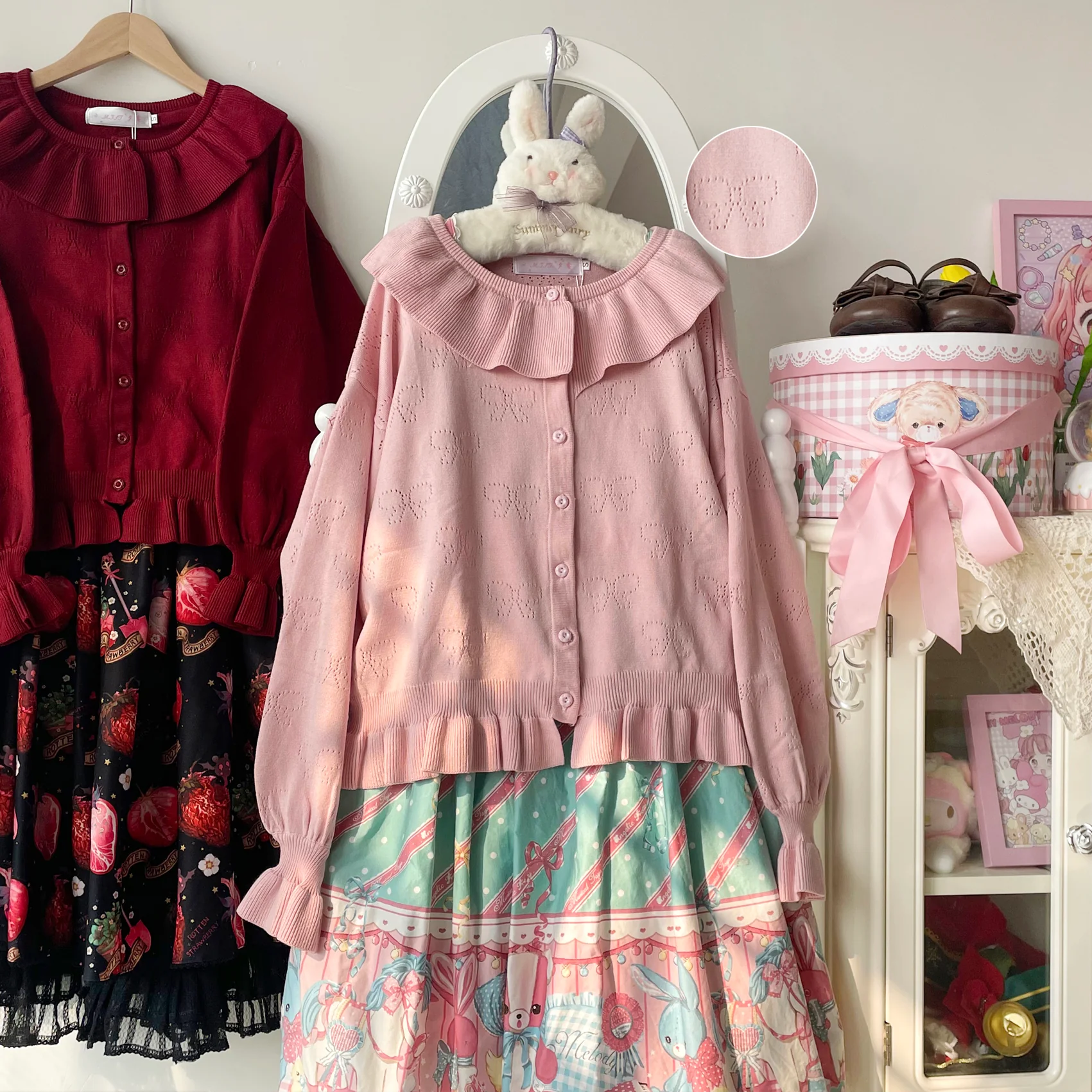 Vintage Lolita Bow Hollowed-out Sweater Ruffled Cardigan - Image 41