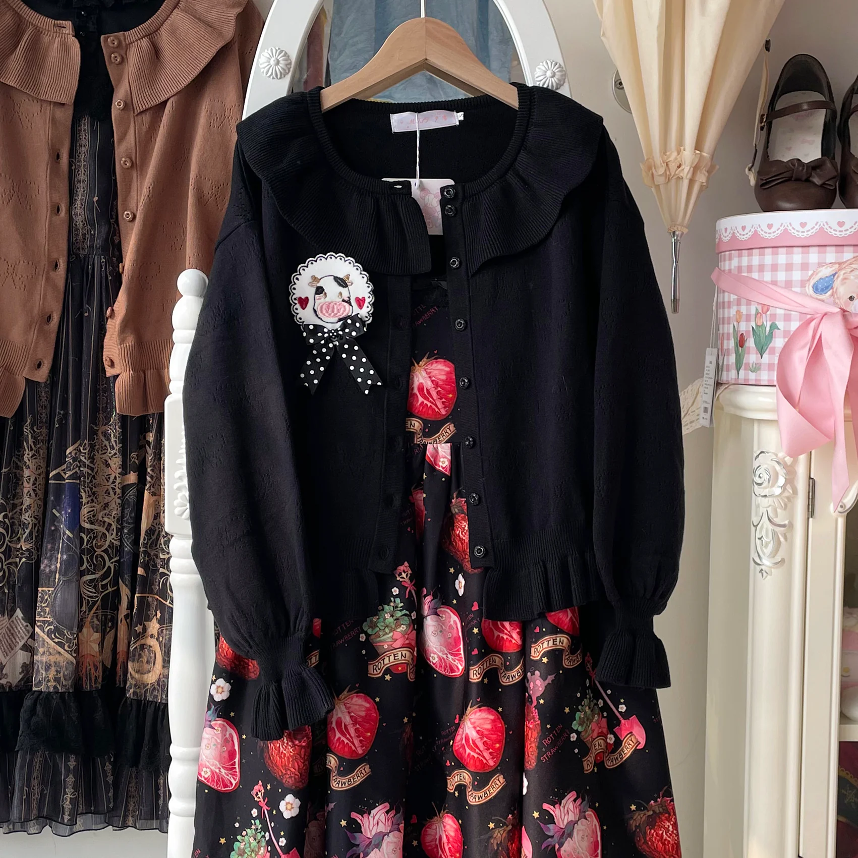 Vintage Lolita Bow Hollowed-out Sweater Ruffled Cardigan - Image 42