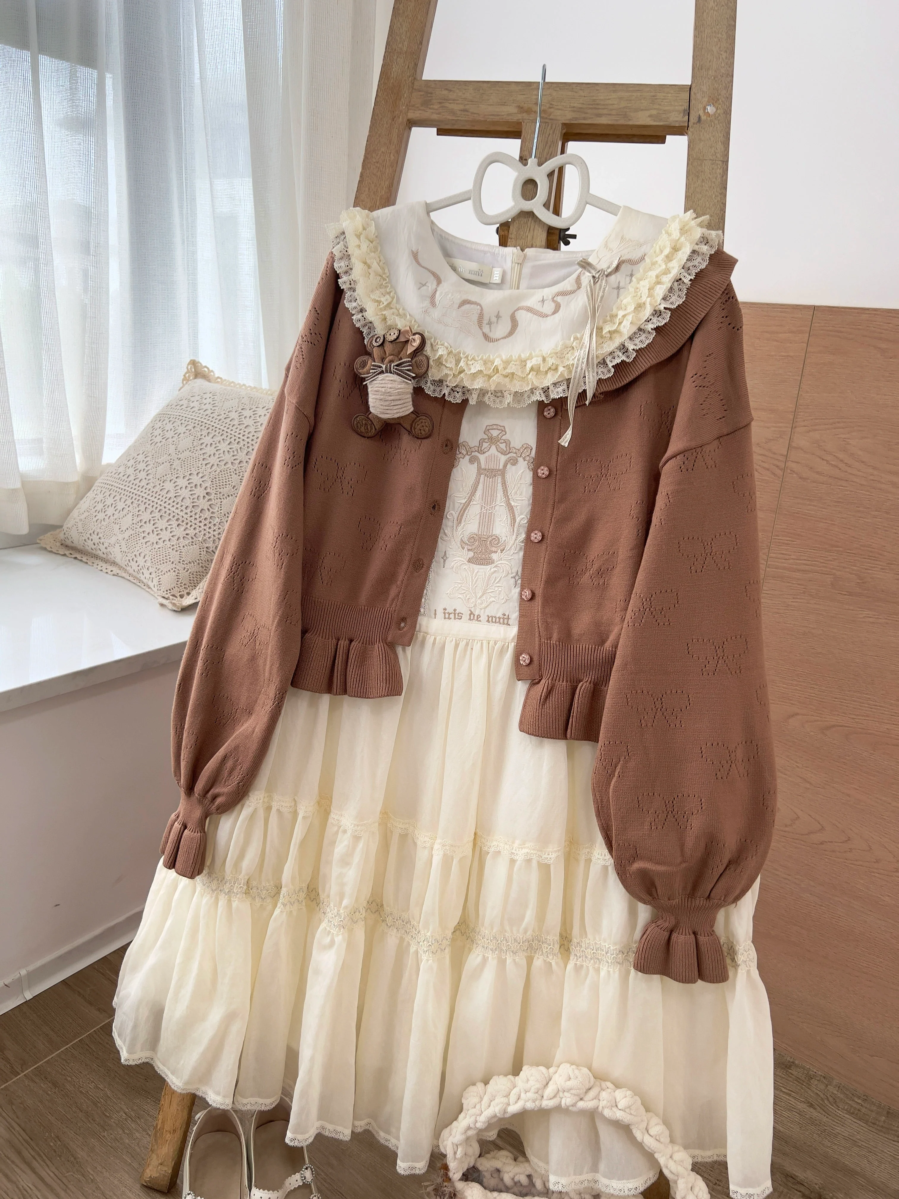 Vintage Lolita Bow Hollowed-out Sweater Ruffled Cardigan - Image 43
