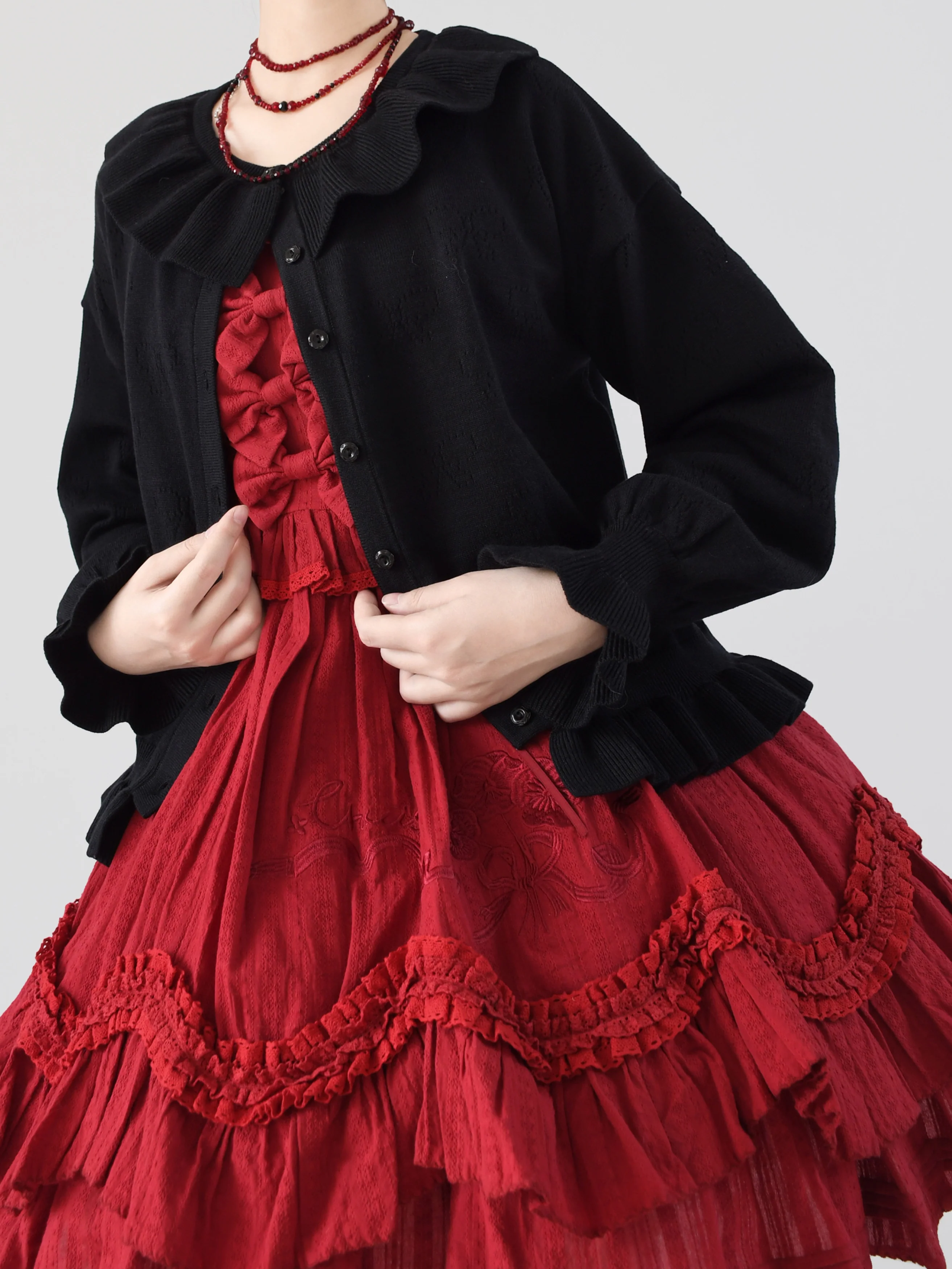 Vintage Lolita Bow Hollowed-out Sweater Ruffled Cardigan - Image 6