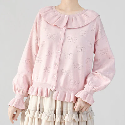 Vintage Lolita Bow Hollowed-out Sweater Ruffled Cardigan - Image 7