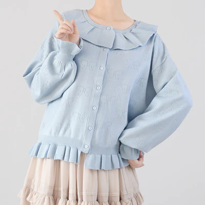 Vintage Lolita Bow Hollowed-out Sweater Ruffled Cardigan - Image 8
