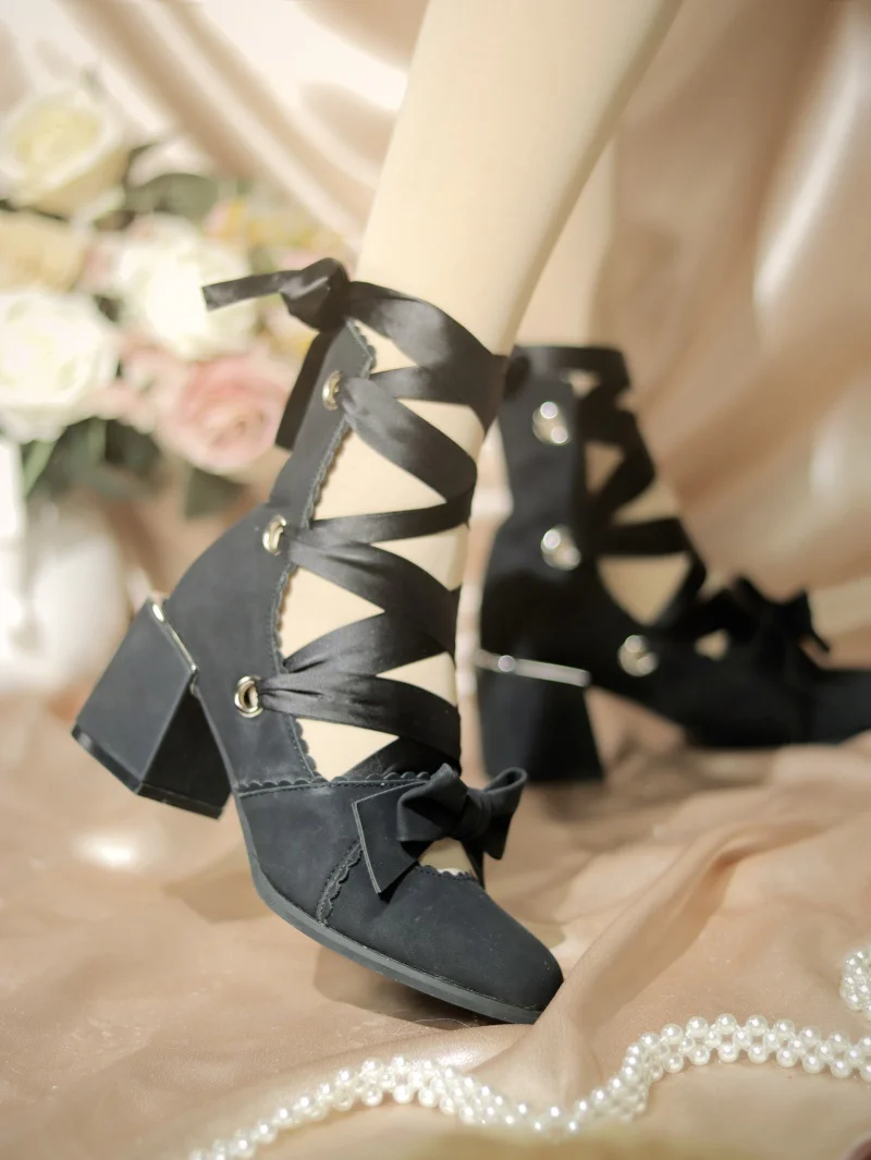 MR.Qiutian - Muse Kiss - Elegant Lolita Shoes Lace-up Bow Heels Round Toe - Image 12
