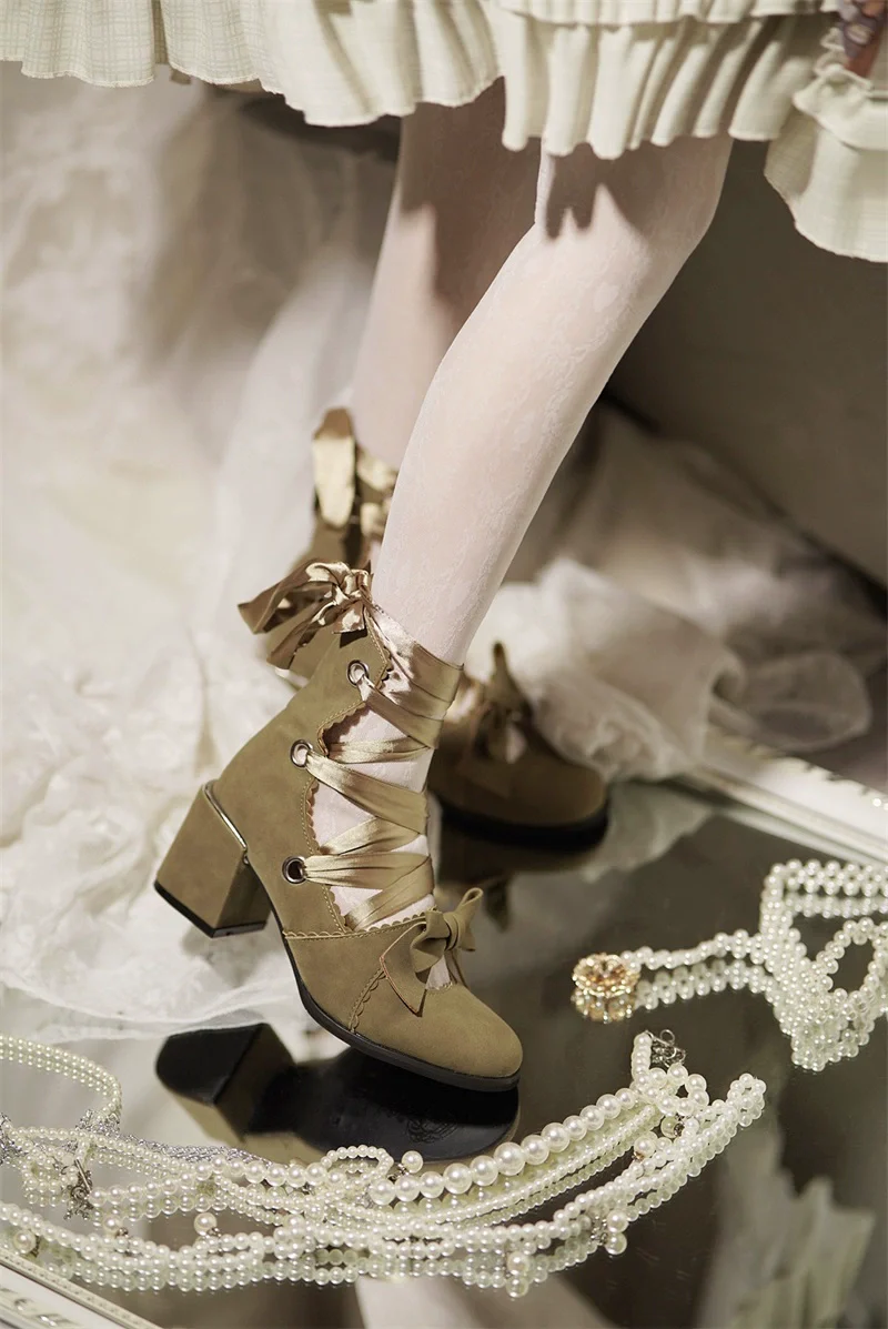 MR.Qiutian - Muse Kiss - Elegant Lolita Shoes Lace-up Bow Heels Round Toe - Image 14