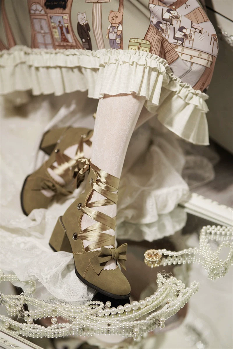 MR.Qiutian - Muse Kiss - Elegant Lolita Shoes Lace-up Bow Heels Round Toe - Image 16