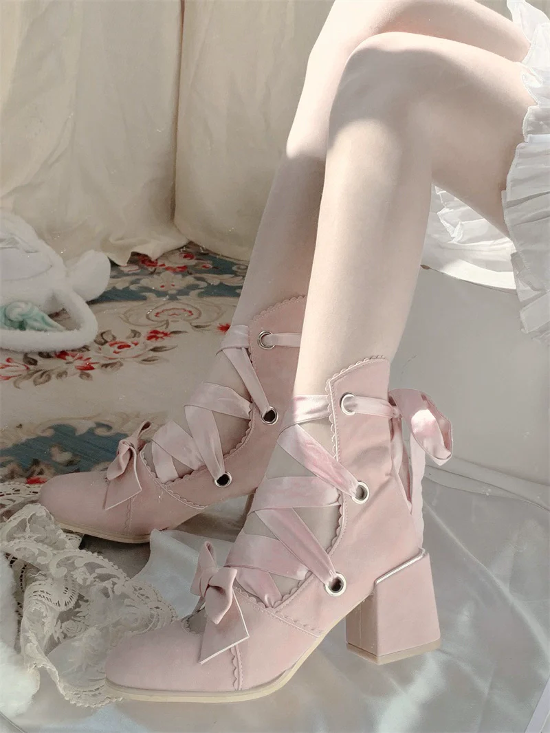 MR.Qiutian - Muse Kiss - Elegant Lolita Shoes Lace-up Bow Heels Round Toe - Image 26